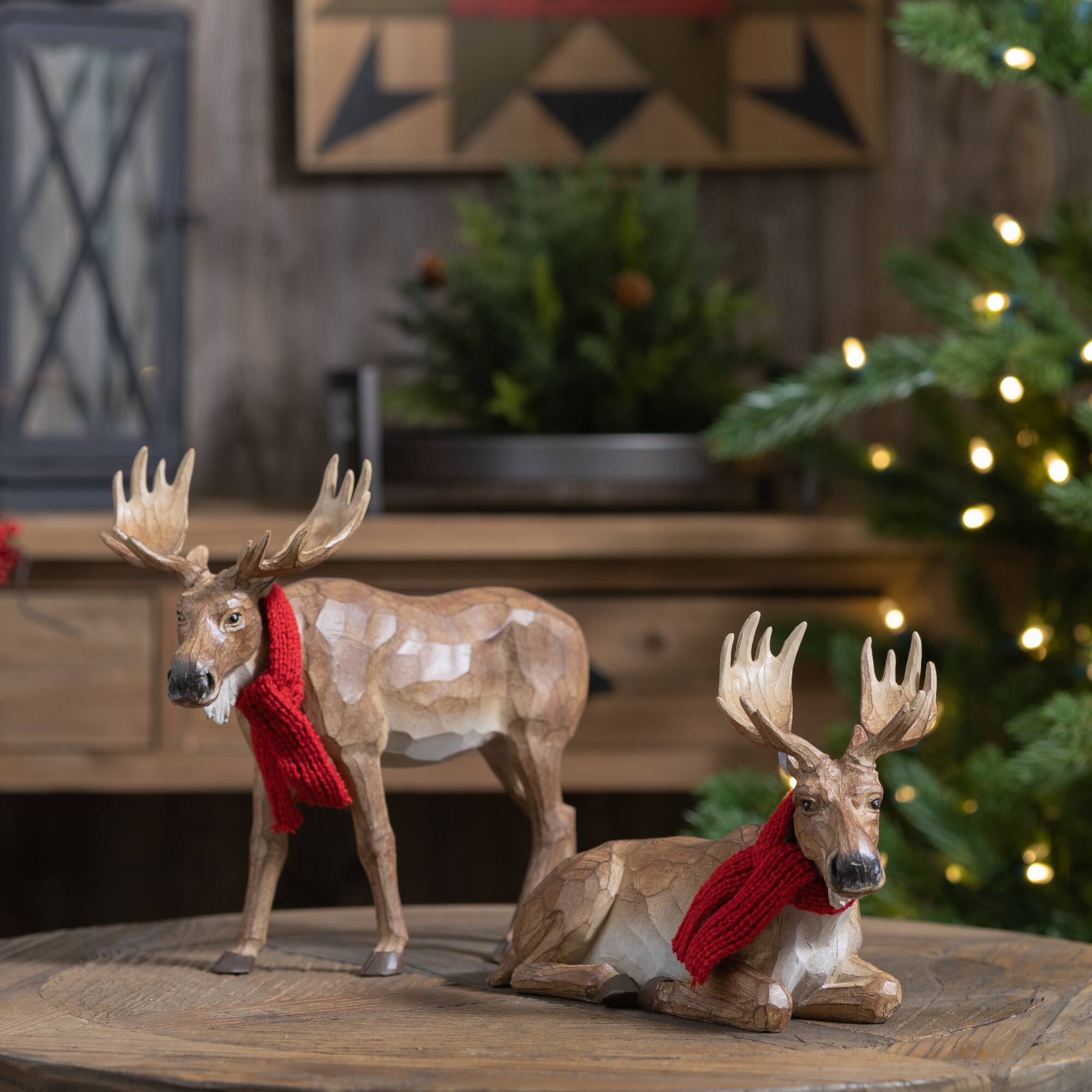 Medium Carved Winter Moose with Scarf Set